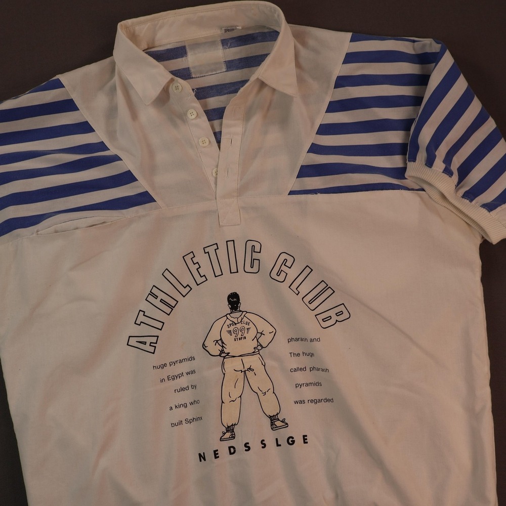 Vintage Athletic Club Polo Shirt Mens XL White Blue Stripe Egypt Graphic Pockets